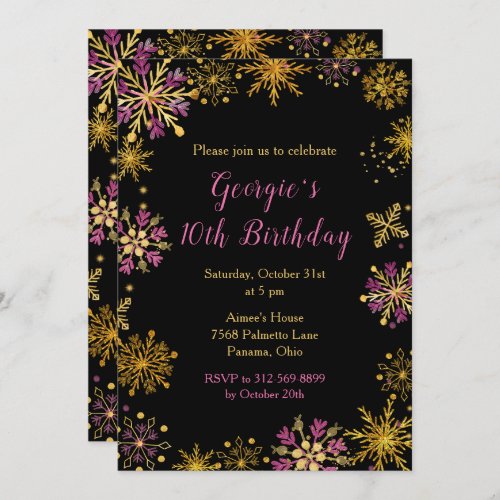 Elegant Gold and Pink Snowflakes Birthday Invitation