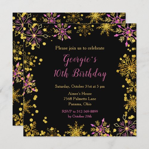 Elegant Gold and Pink Snowflakes Birthday Invitation