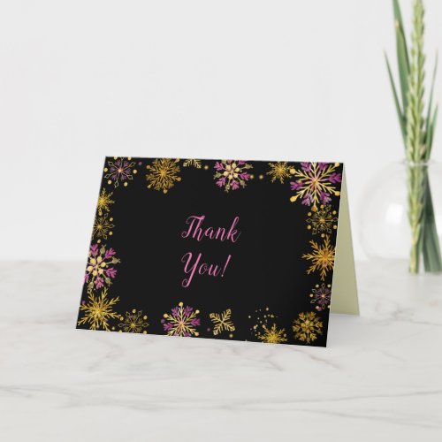 Elegant Gold and Pink Snowflakes Christmas Thank You Card