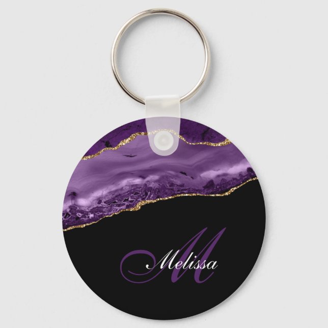 elegant gold and purple agate monogram keychain (Front)