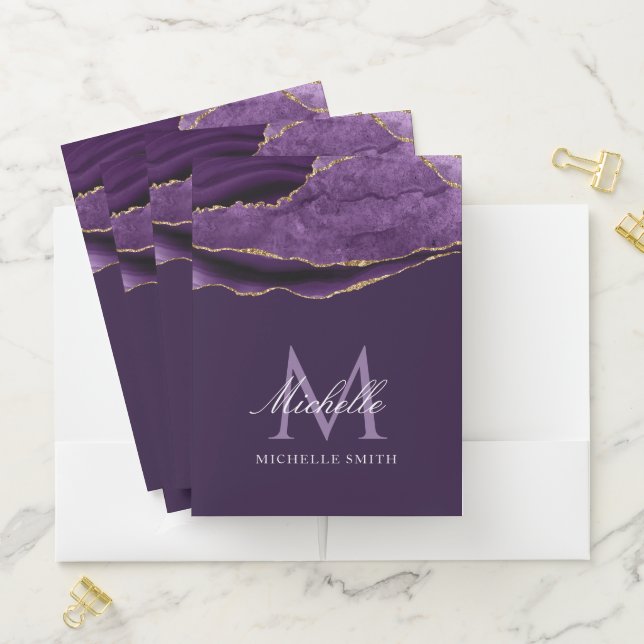 elegant gold and purple agate monogram pocket pocket folder (In Situ)