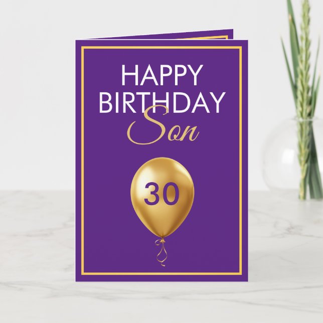 Elegant Gold and Purple Balloon Son 30th Birthday Card (Front)