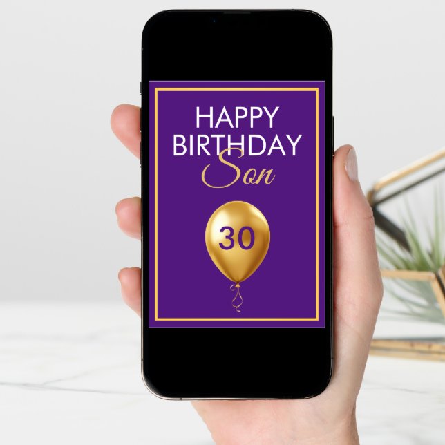 Elegant Gold and Purple Balloon Son 30th Birthday Card (Front Digital)