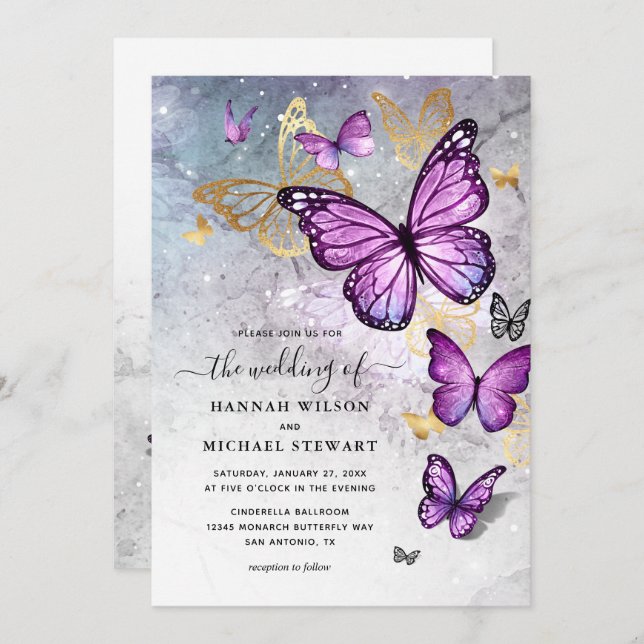 Elegant Gold and Purple Butterfly Wedding Invitation (Front/Back)