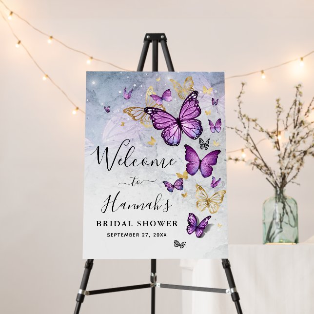 Elegant Gold and Purple Butterfly Welcome Party Foam Board (In Situ (Stand))