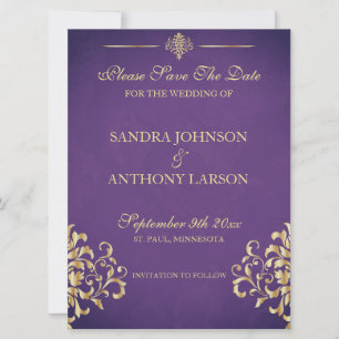 Elegant Gold and Purple Damask Save The Date