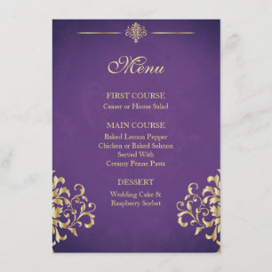 Elegant Gold and Purple Damask Wedding Menu