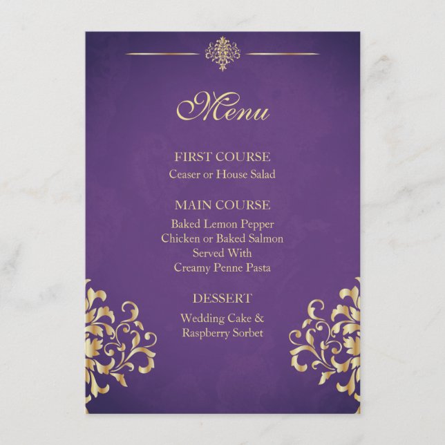 Elegant Gold and Purple Damask Wedding Menu (Front)