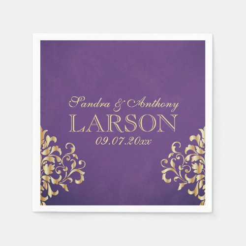 Elegant Gold and Purple Damask Wedding Napkins