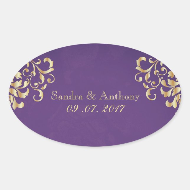 Elegant Gold and Purple Damask Wedding Stickers (Front)