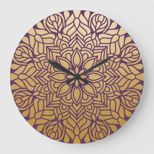 Elegant Gold and Purple Floral Mandala Large Clock