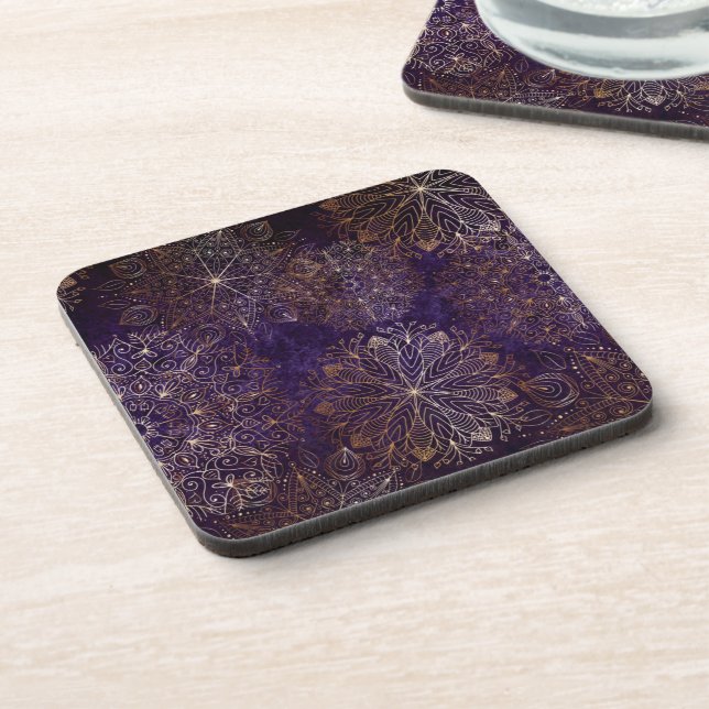 Elegant Gold and Purple Floral Mandala Pattern Beverage Coaster (Left Side)