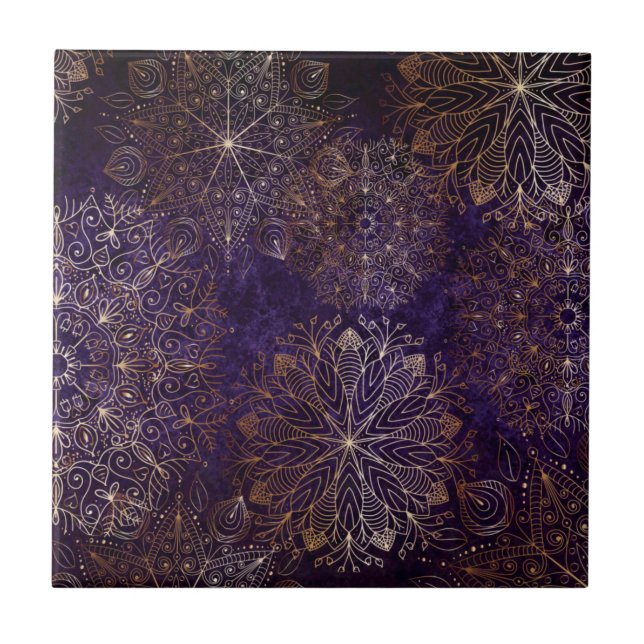 Elegant Gold and Purple Floral Mandala Pattern Ceramic Tile (Front)