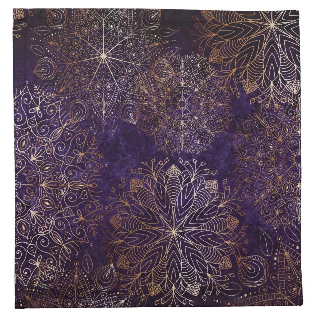 Elegant Gold and Purple Floral Mandala Pattern Cloth Napkin (Front)