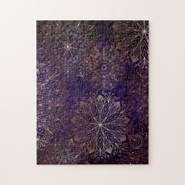 Elegant Gold and Purple Floral Mandala Pattern Jigsaw Puzzle (Vertical)