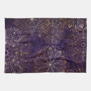 Elegant Gold and Purple Floral Mandala Pattern Kitchen Towel