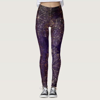 Elegant Gold and Purple Floral Mandala Pattern Leggings