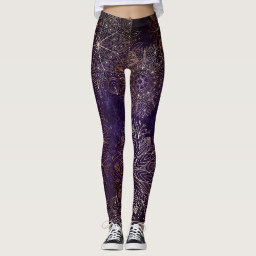 Elegant Gold and Purple Floral Mandala Pattern  Leggings