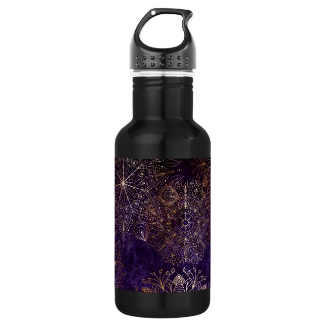 Elegant Gold and Purple Floral Mandala Pattern Stainless Steel Water Bottle (Front)