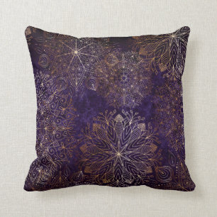 Elegant Gold and Purple Floral Mandala Pattern Throw Pillow
