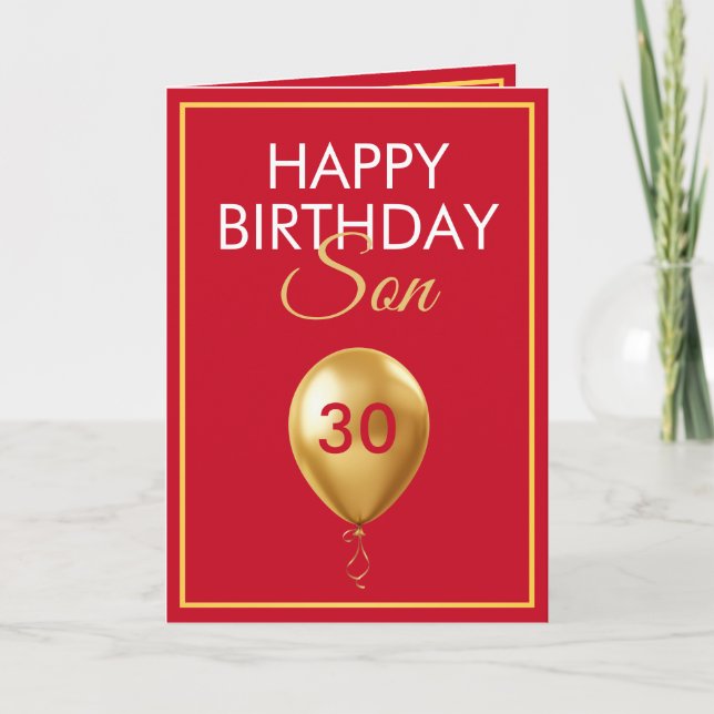 Elegant Gold and Red Balloon Son 30th Birthday Card (Front)