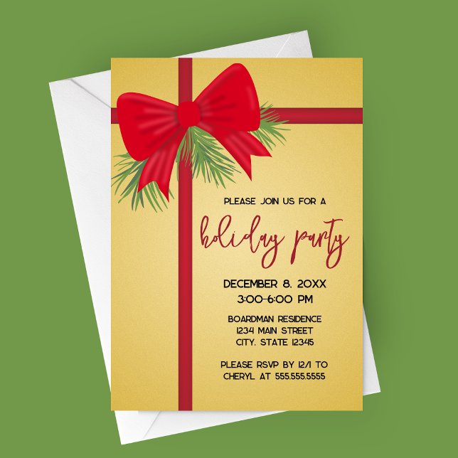 Elegant Gold and Red Bow Holiday Party Invitation (Gift Wrapped Gold and Red Bow Holiday Party Invitation | Christmas Party Invitation)