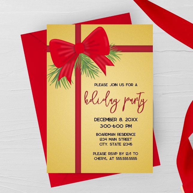 Elegant Gold and Red Bow Holiday Party Invitation (Creator Uploaded)