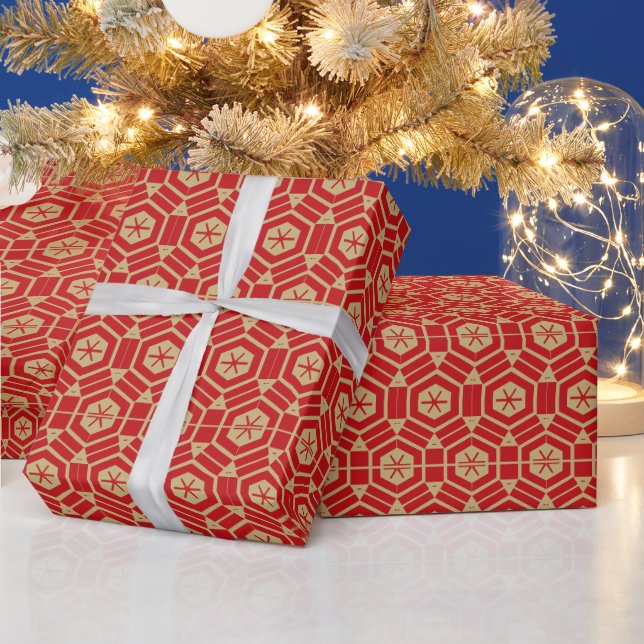 Elegant gold and red geometric hexagonal pattern  wrapping paper (Holidays)