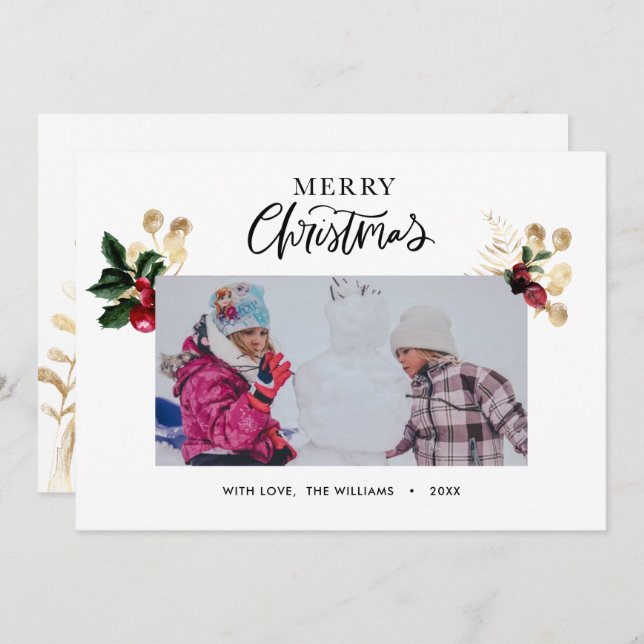 Elegant Gold and Red Holly Berries Stylish Script  Holiday Card (Front/Back)