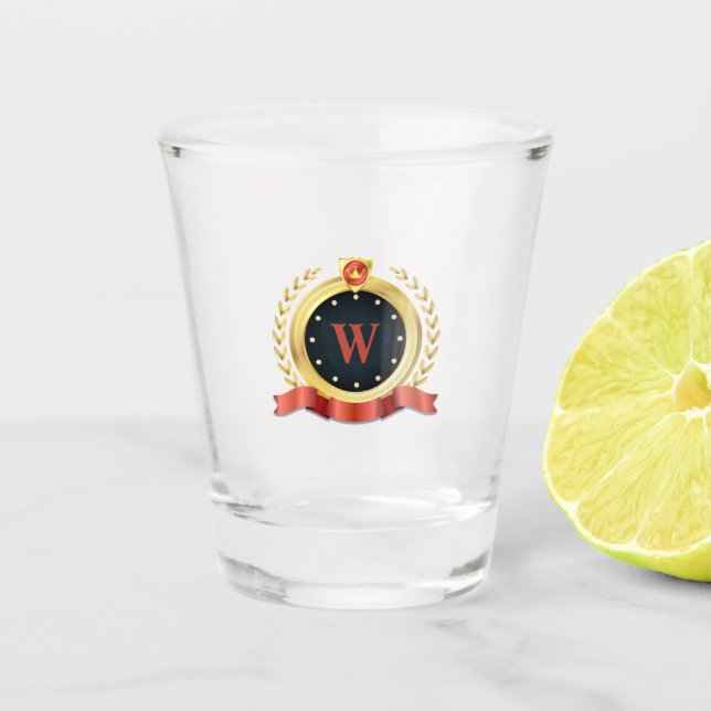 Elegant Gold and Red Medallion with Monogram Shot Glass (Front)