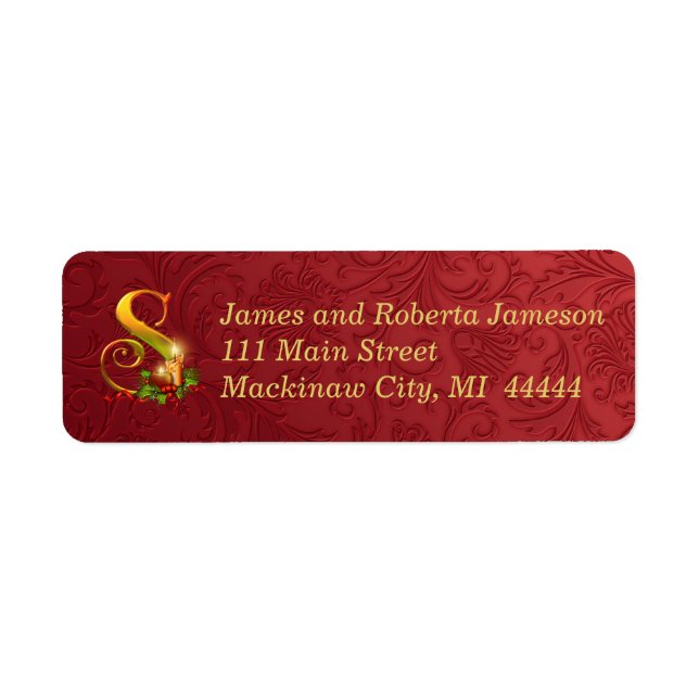 Elegant Gold and Red Monogram Christmas Label S (Front)