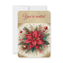 Elegant Gold and Red  Poinsettia Christmas Party Invitation