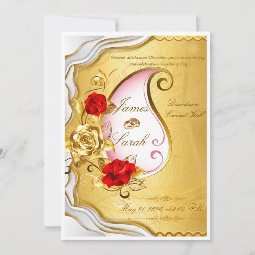 Elegant Gold and Red Rose Wedding Invitation