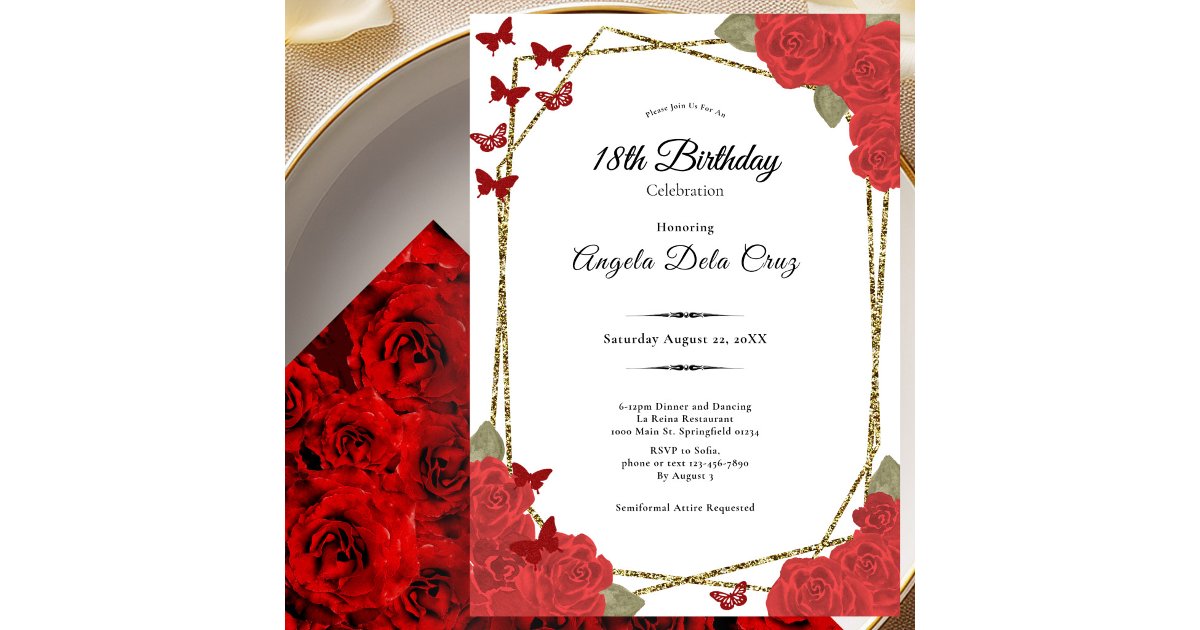 Elegant Gold and Red Roses 18th Birthday Debut Invitation | Zazzle