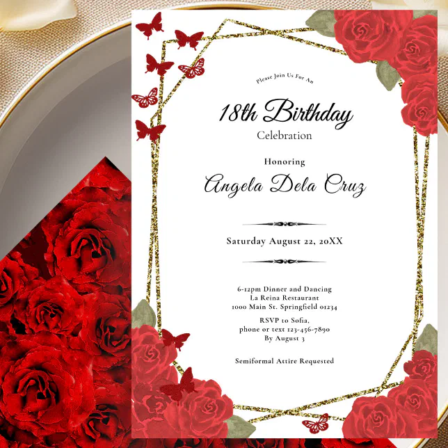 18th Roses Design Elegant Gold and Red Roses 18th Birthday Debut Invitation | Zazzle