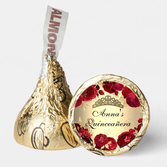 Elegant Gold and Red Roses Themed Quinceanera Hershey®'s Kisses® (Front)