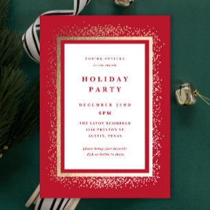 Elegant Gold and Red Sparkle Holiday Party Invitation