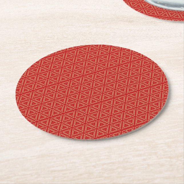 Elegant gold and red triangular geometric pattern round paper coaster (Angled)