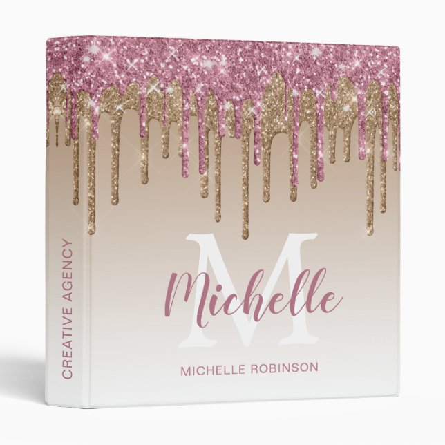 Elegant Gold and Rose Gold Glitter Drips Monogram 3 Ring Binder (Front/Spine)
