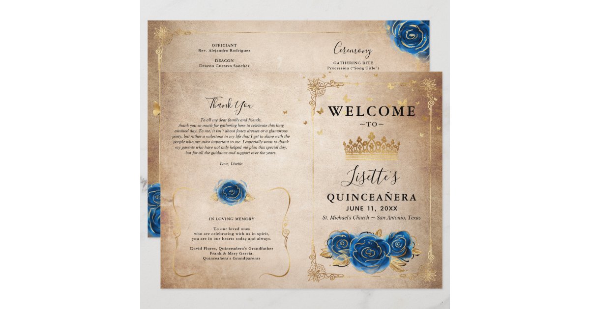 Elegant Gold and Royal Blue Quinceanera Program | Zazzle