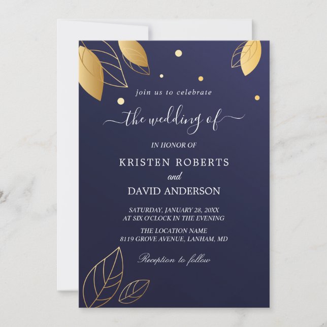 Elegant gold and royal blue wedding invitation (Front)