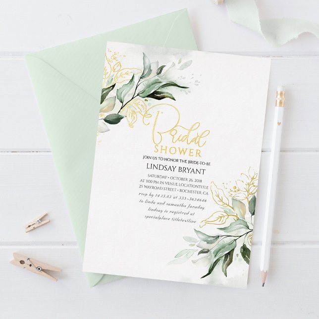 Elegant Gold and Sage Greenery Boho Bridal Shower Foil Invitation (Creator Uploaded)