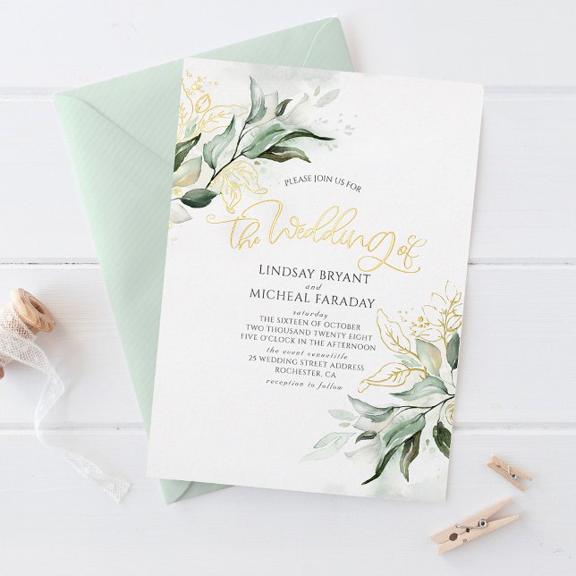 Elegant Gold and Sage Greenery Modern Wedding  Foil Invitation (Creator Uploaded)