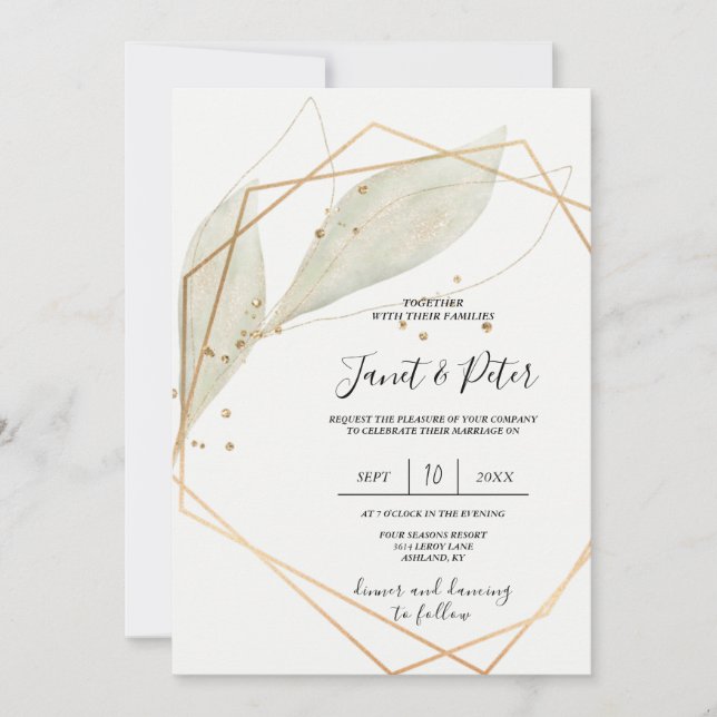 Elegant, gold and sage on ivory background invitation (Front)