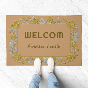 Elegant Gold and Silver Floral Border welcom Doormat