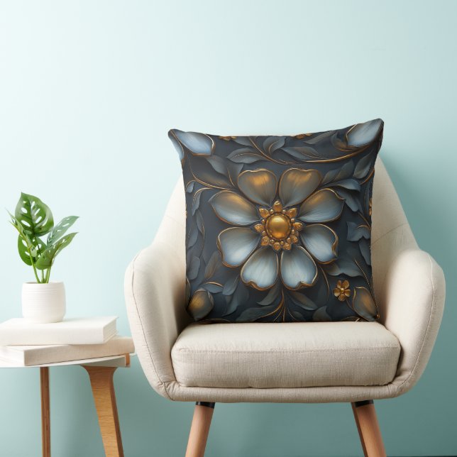 Elegant Gold and Silver Floral Luxurious Design Throw Pillow (Chair)