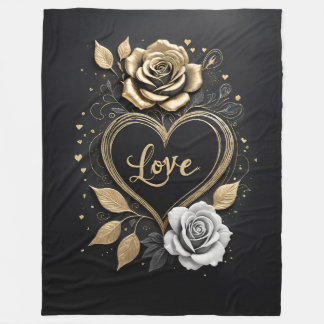 Elegant gold and silver roses with a heart fleece blanket