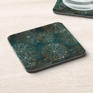 Elegant Gold and Teal Green Floral Mandala Pattern Beverage Coaster