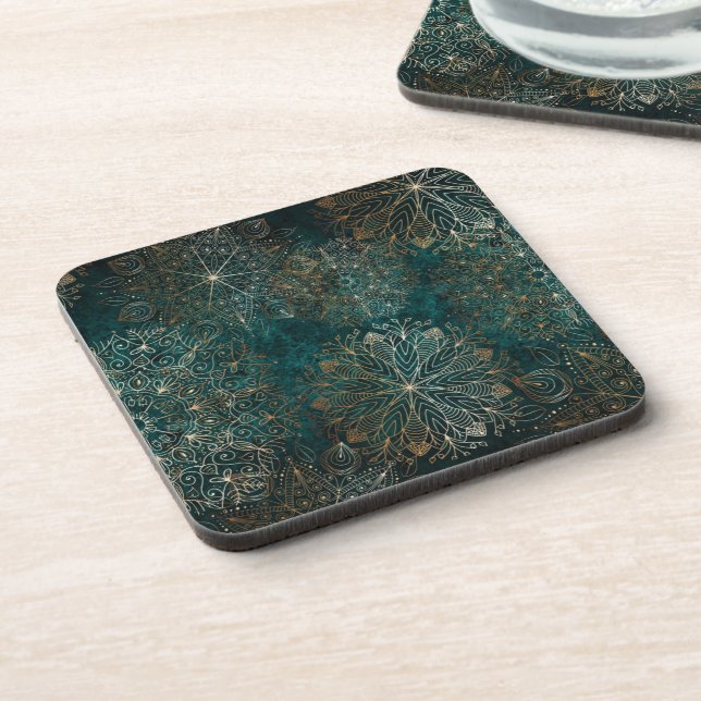 Elegant Gold and Teal Green Floral Mandala Pattern Beverage Coaster (Left Side)