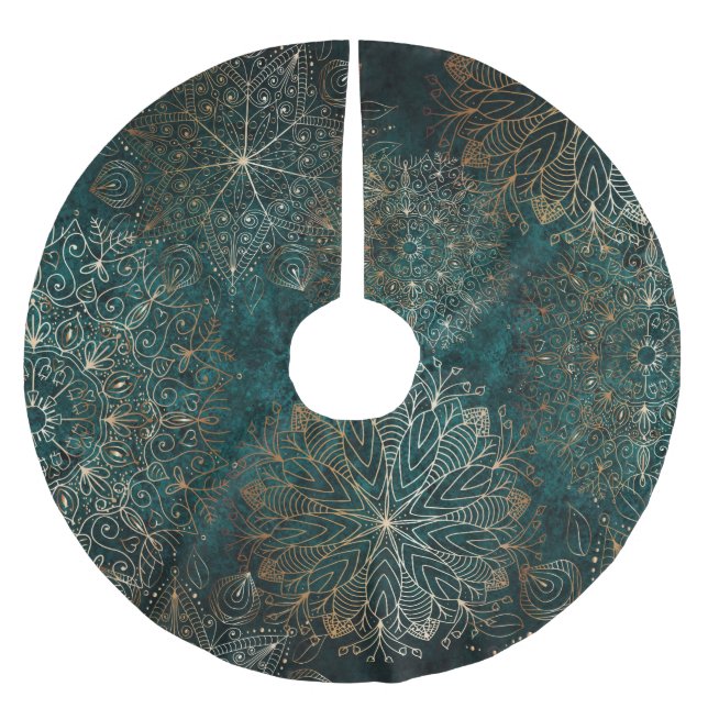 Elegant Gold and Teal Green Floral Mandala Pattern Brushed Polyester Tree Skirt (Front)